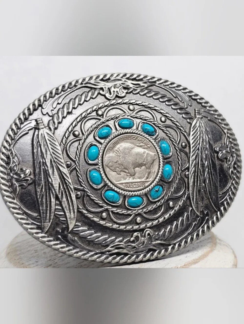 Vintage Turquoise Accent Buffalo Nickel Western Belt Buckle W/ Makers Mark
